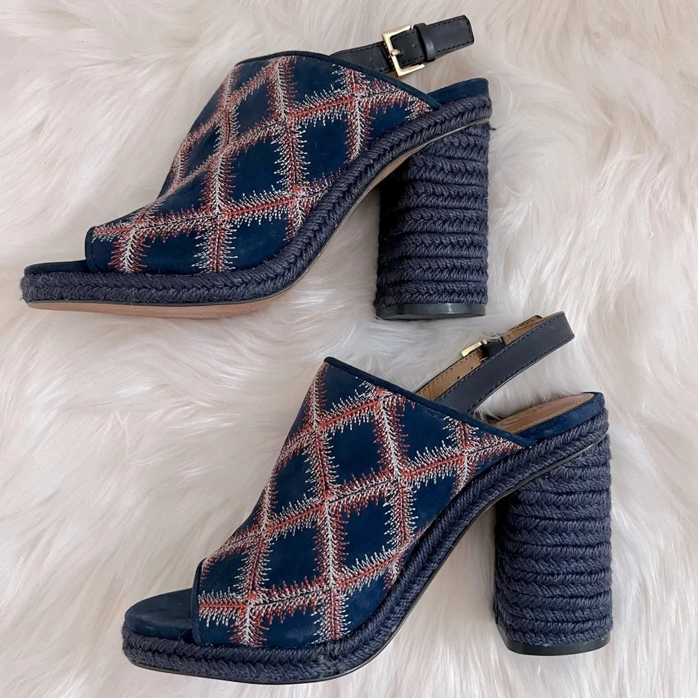 NEW Tory Burch Trinity Embroidered Navy Espadrille Heeled Slingback Sandal